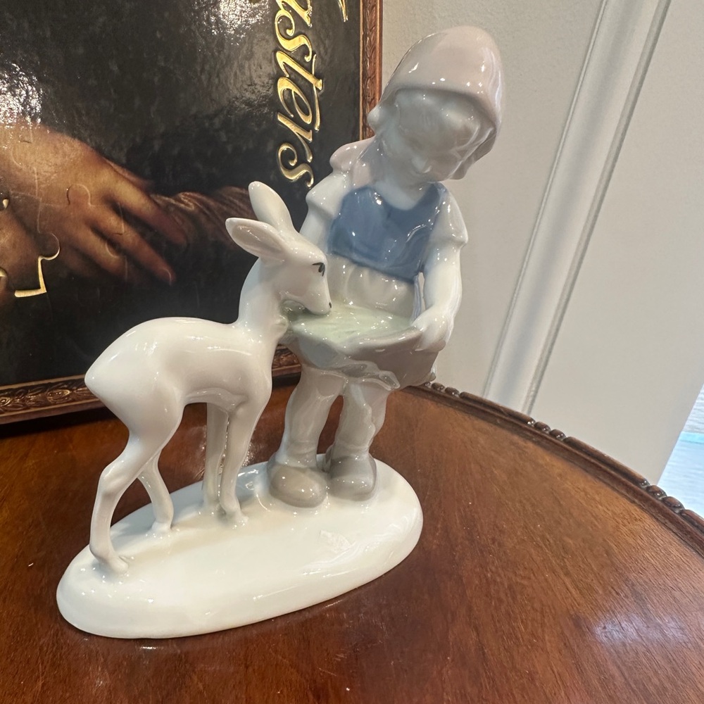 Jigsaw Ceramic Figurine with Blue and White Accents